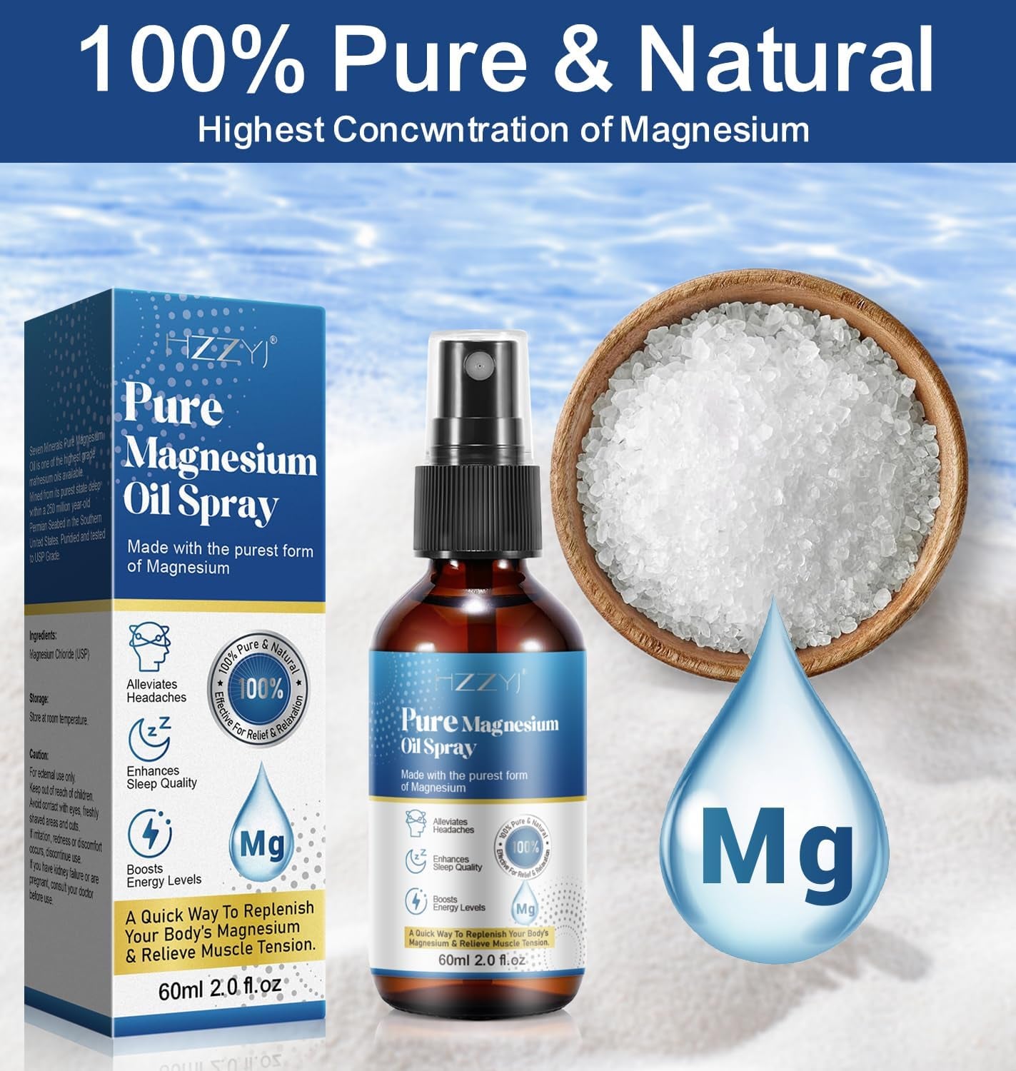 Pure Magnesium Oil Spray, 100% Natural Topical Magnesium Foot Spray, Relieve Fatigue and Help Sleep Magnesium Spray (60Ml)