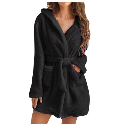 Women Bath Robe Winter Fluffy Plush Pyjamas Ladies Sexy Hooded Dressing Solid Color Gown Warm Bathrobe Female Home Clothing