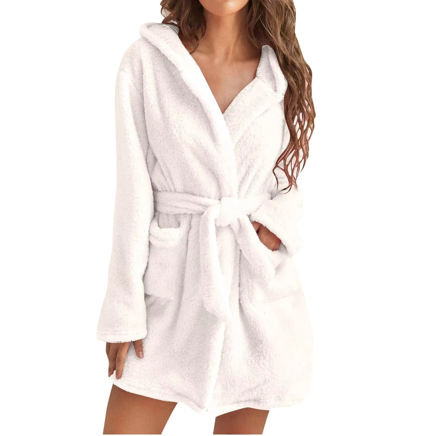 Women Bath Robe Winter Fluffy Plush Pyjamas Ladies Sexy Hooded Dressing Solid Color Gown Warm Bathrobe Female Home Clothing