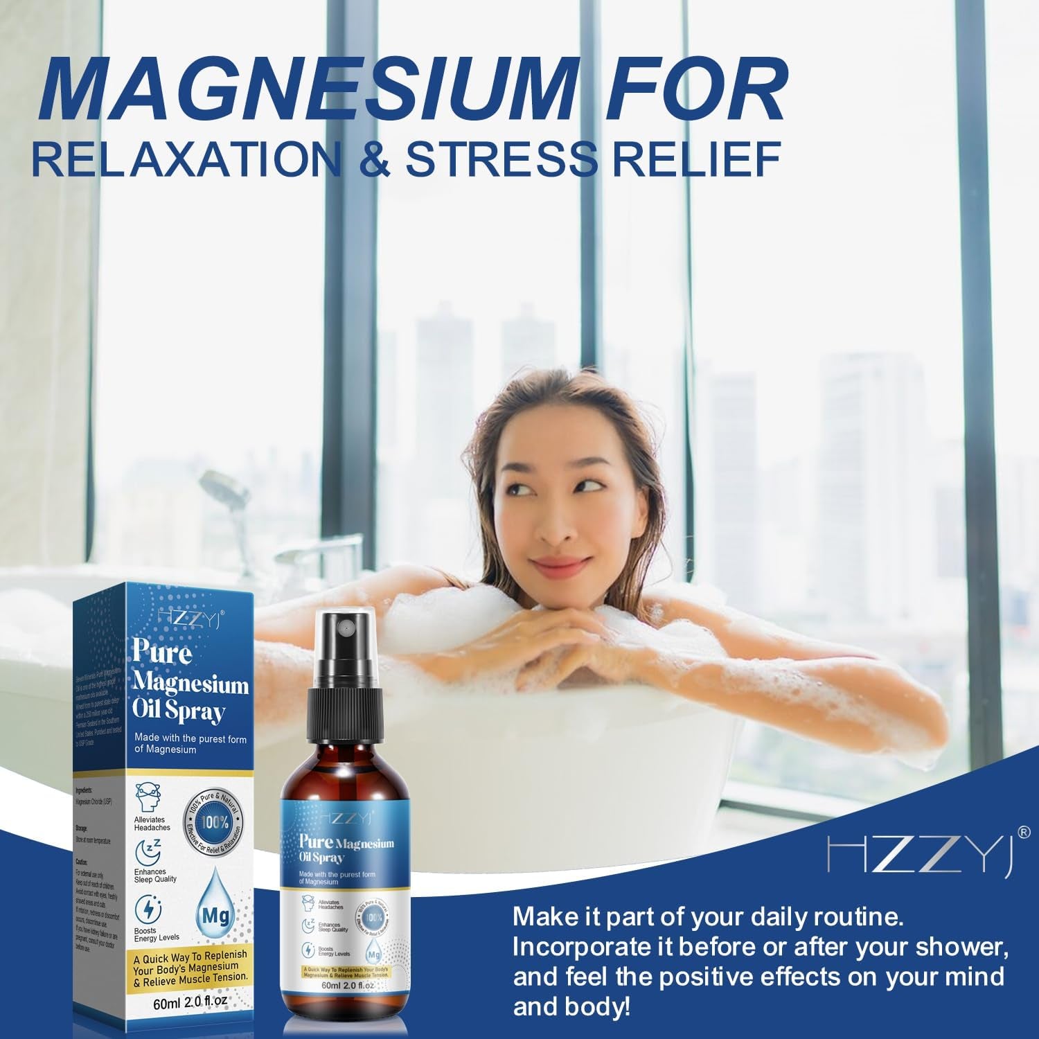 Pure Magnesium Oil Spray, 100% Natural Topical Magnesium Foot Spray, Relieve Fatigue and Help Sleep Magnesium Spray (60Ml)