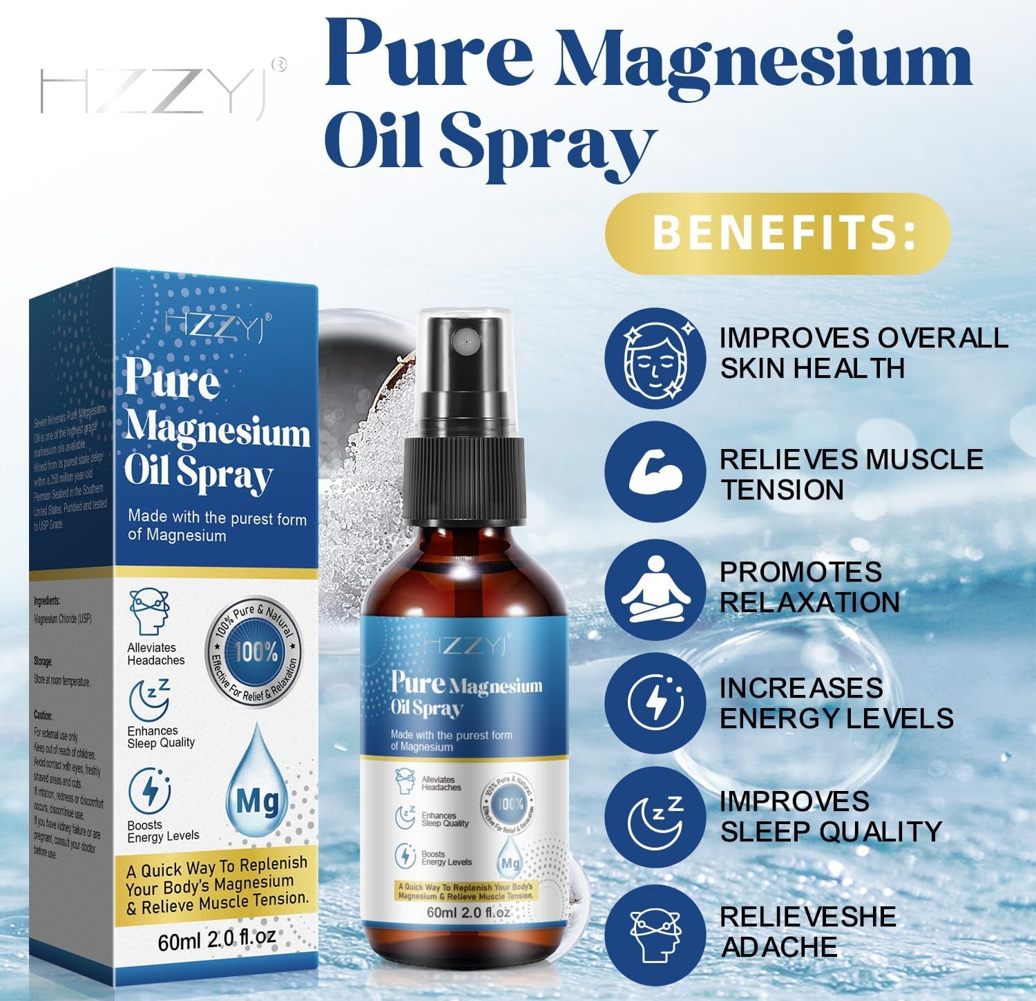 Pure Magnesium Oil Spray, 100% Natural Topical Magnesium Foot Spray, Relieve Fatigue and Help Sleep Magnesium Spray (60Ml)