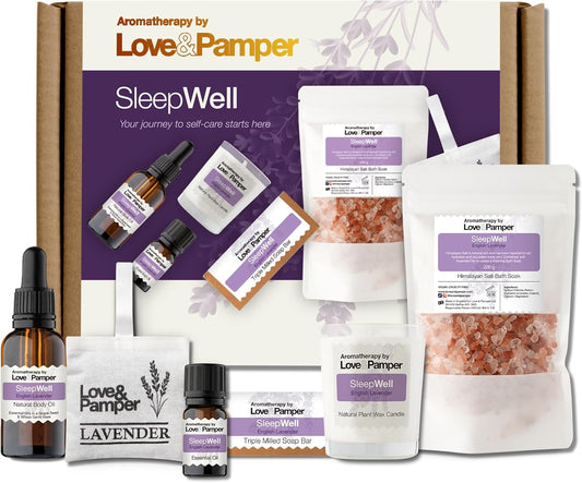 SLEEP WELL - Lavender Aromatherapy Pamper Gifts for Women: Improve Wellness, Essential Oil, Massage Oil, Himalayan Bath Salt, Soy Candle, Artisan Spa Hand Made Soap, Lavender Seed Pillow Pouch