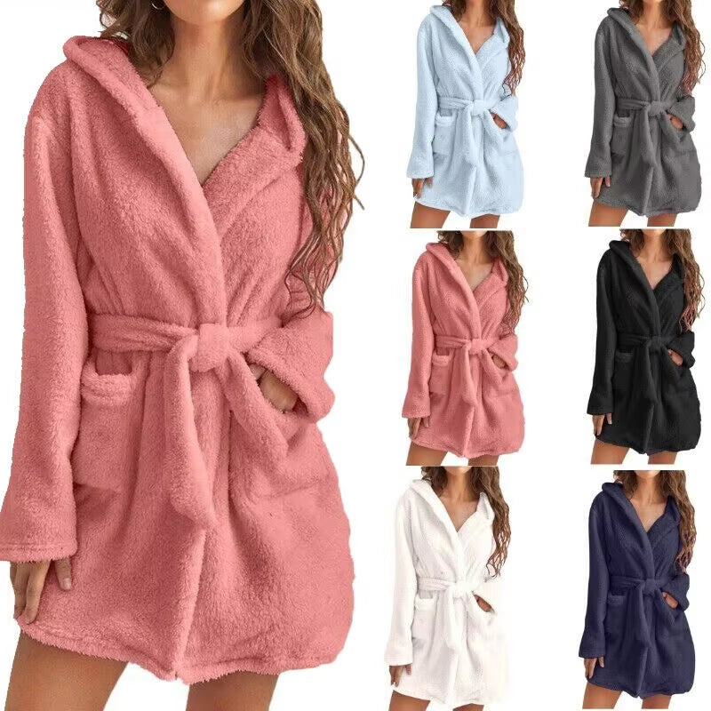 Women Bath Robe Winter Fluffy Plush Pyjamas Ladies Sexy Hooded Dressing Solid Color Gown Warm Bathrobe Female Home Clothing