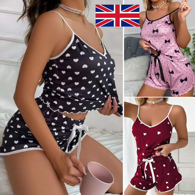 Womens Ladies Satin Silk Lace Cami Vest Shorts Lingerie Pj Pyjamas Sleepwear Set