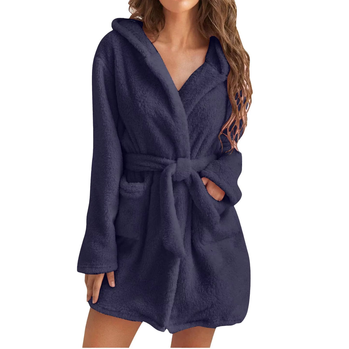 Women Bath Robe Winter Fluffy Plush Pyjamas Ladies Sexy Hooded Dressing Solid Color Gown Warm Bathrobe Female Home Clothing